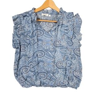 Juniper Blu Paisley Blouse Womens Small Blue Good Ruffle V-Neck Cap Sleeve